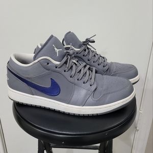 Jordan 1 Low, Wolf Grey with custom Metallic Blue Swooshes, size 11.5